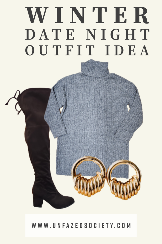 Winter Date Night Outfit Idea, Long Grey Sweater Dress, Black Over the Knee Suede Boots, Gold Earrings