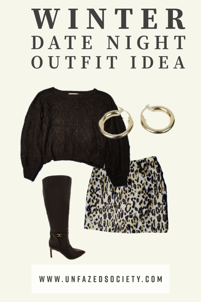 Winter Date Night Outfit Idea. Black Sweater, Short Leopard Printed Skirt paired with Knee-High Boots with Gold Detail