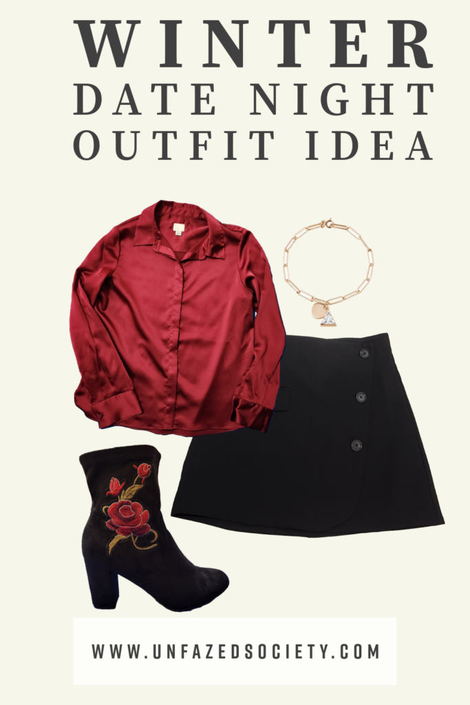 Winter Outfit Idea. Red Satin Button Down, Short Black Skirt with Button Details, Embroidered Black Boots with Red Rose, Gold Bracelet