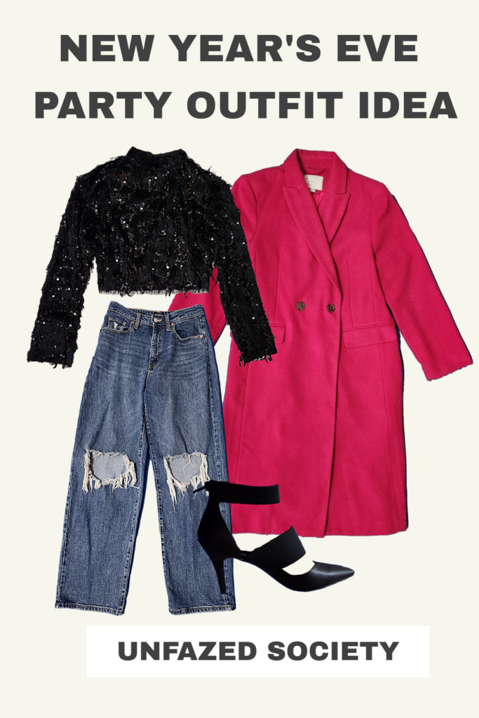 New Year's Party Outfit Idea: Black sequin and fur long sleeved crop top, distressed denim, black heels, long pink peacoat