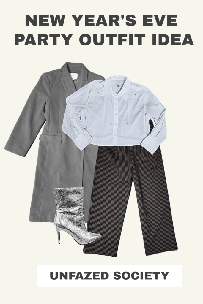 New Year's Party Outfit: Embellished White Button-Down Blouse, Black Striped dress Pants, Silver Metallic Boots, Long Grey Coat