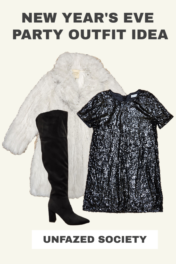 New Year's Party Outfit: Black Sequin Dress, Black Over The Knee Boots, White Fur Coat