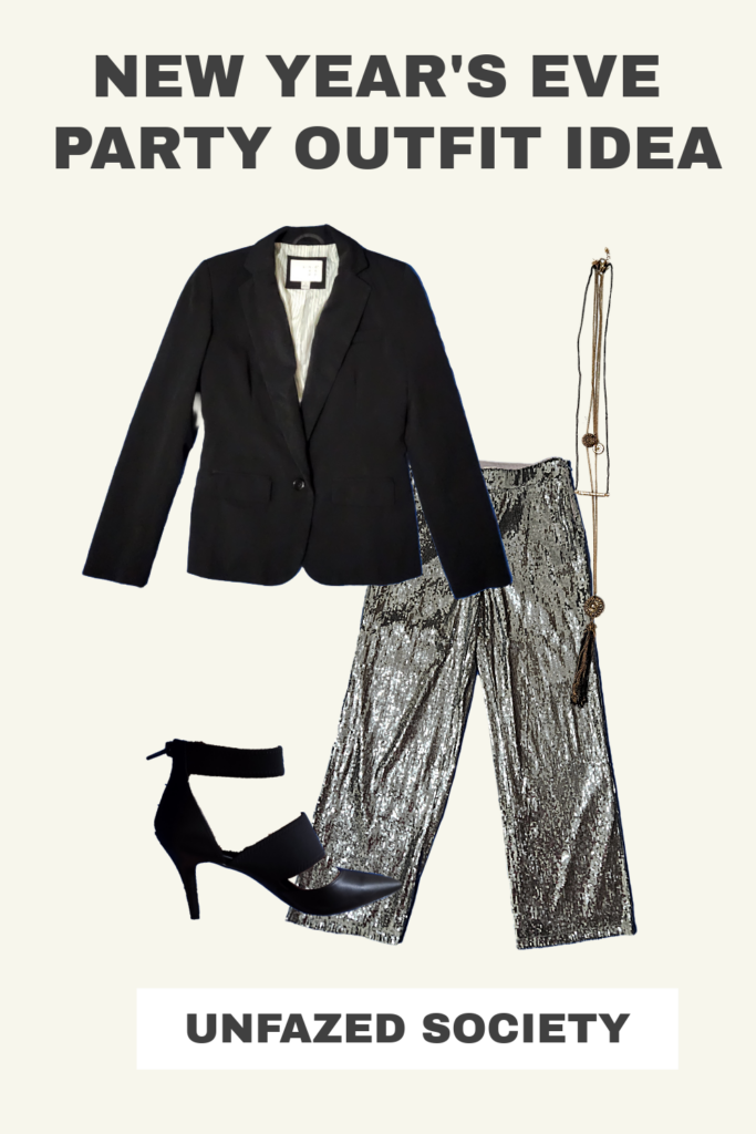 New year's Party Outfit Idea: Black Blazer, Gold Chain Necklace, Silver Sequin Pants, Black Heels