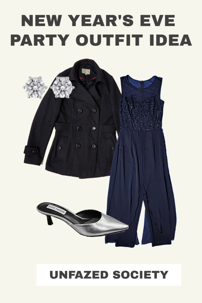 New Year's Party Outfit: Blue Sequin Jumpsuit, Diamond Earrings, Silver Mules, Blue Peacoat