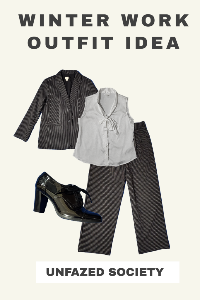 Winter work outfit idea, White Sleeveless pussy bow top, black pinstripe blazer, black pinstripe dress pants