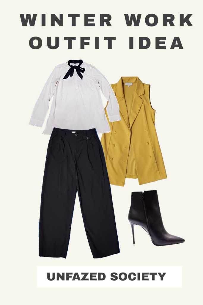 Winter work outfit, White and black pussy bow blouse, longlined yellow vest, black dress pants, black stiletto boots