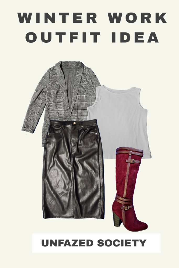 Work Outfit Idea, Sleeveless white tank, grey plaid blazer, black leather skirt, red suede knee high boots