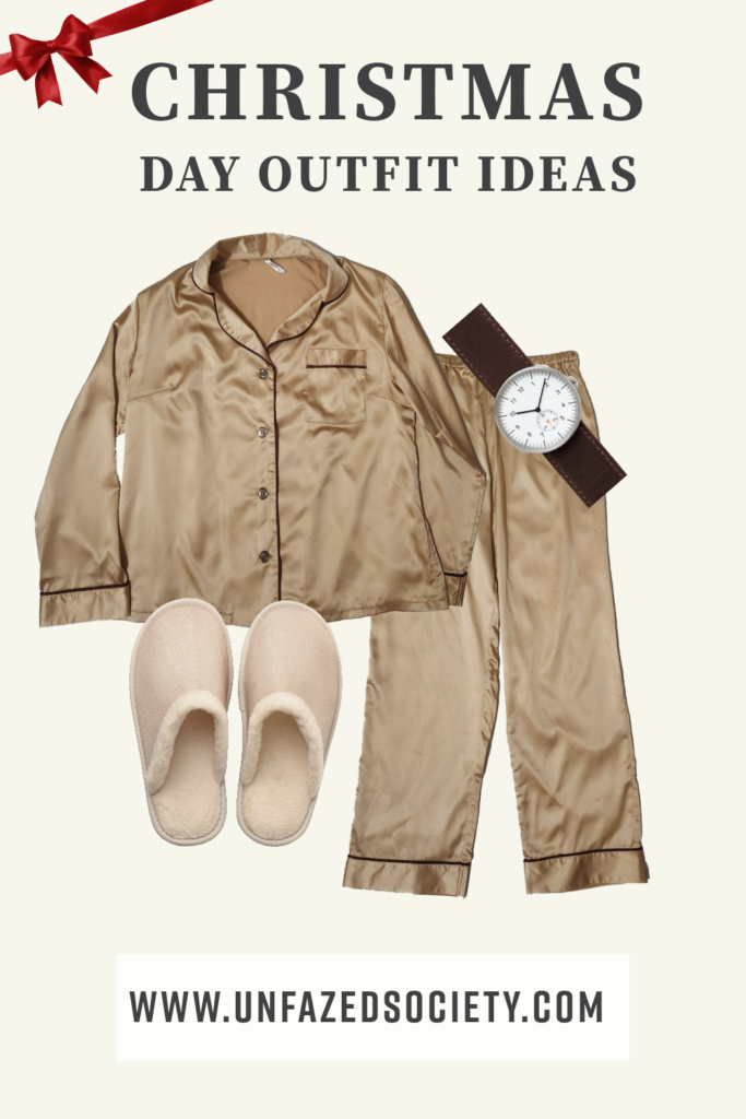 Christmas day outfit idea, matching gold silk pajama set, gold slippers, brown watch