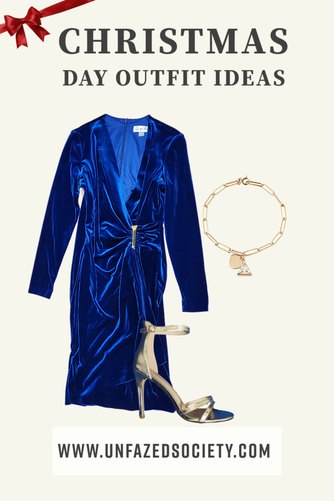 Christmas day outfit idea, blue velvet dress with gold detail, gold stiletto open toe heels, gold link bracelet  