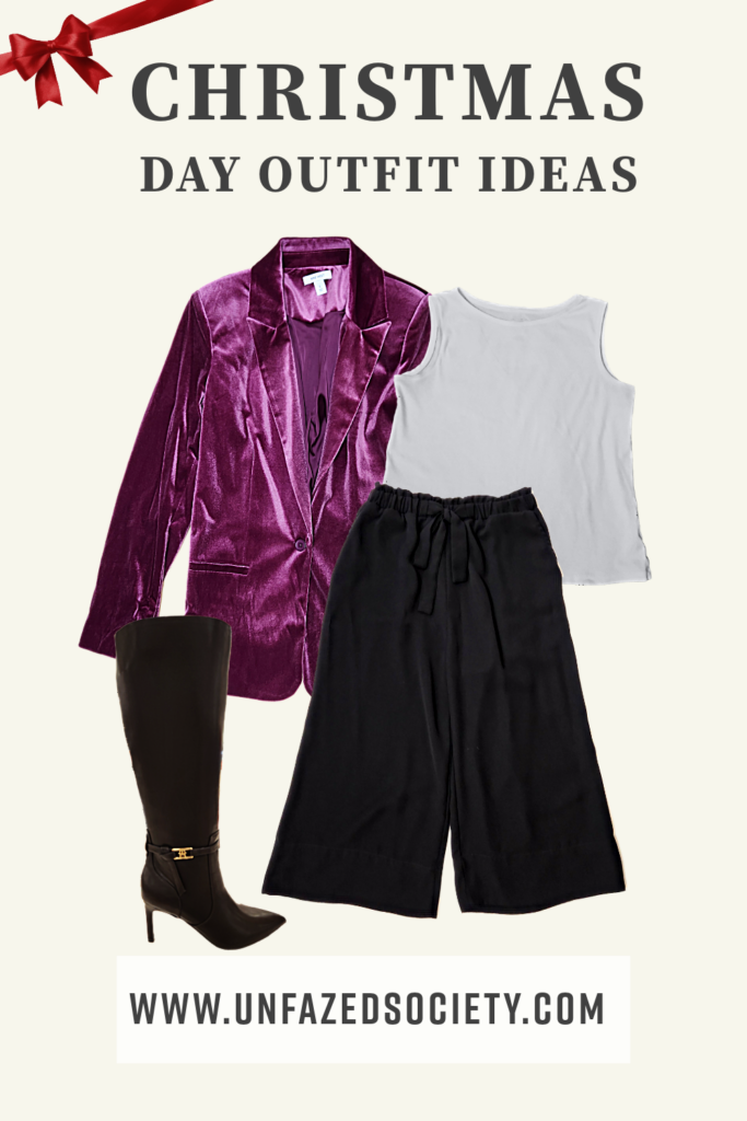 Christmas day outfit idea, purple velvet blazer, white sleeveless top, black gaucho knee-length pants, black boots with gold detail