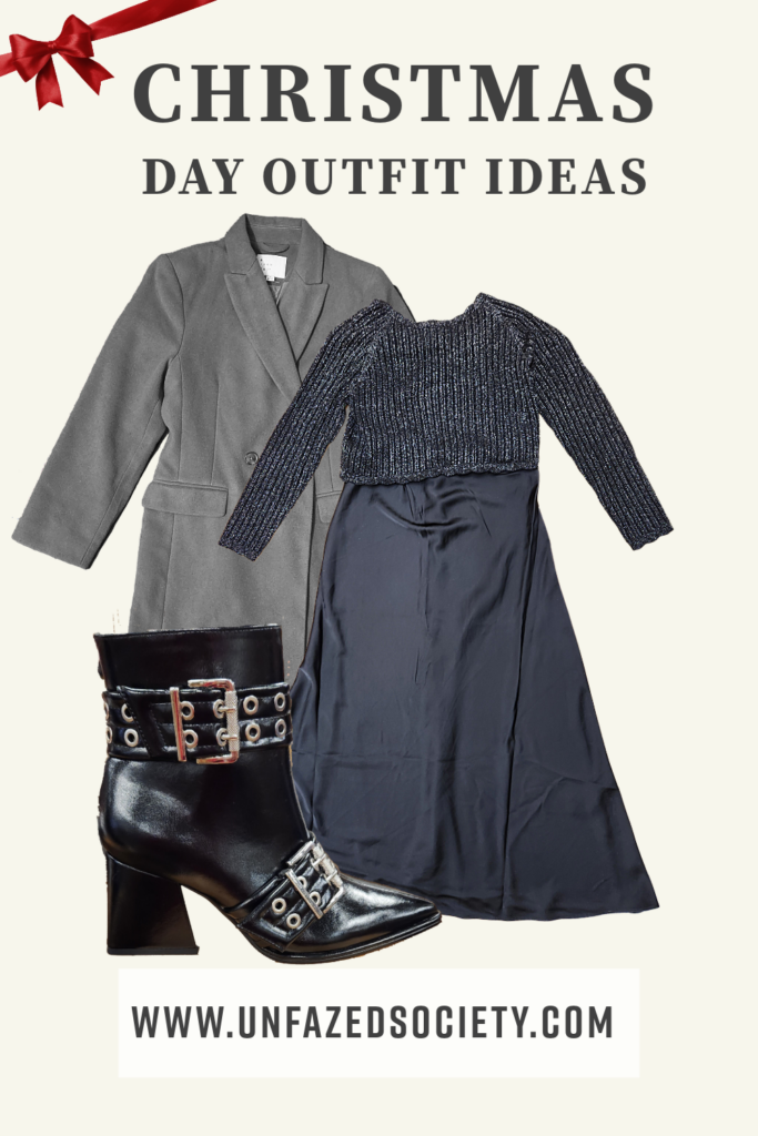 Christmas day outfit idea, long black sparkle dress, black boots with silver buckle detail, long grey coat