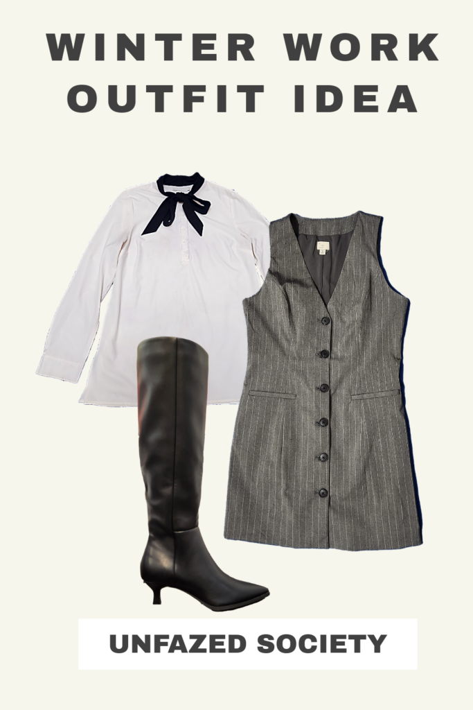 Winter work outfit idea, ong-sleeves white and black pussy-bow blouse, grey pinstriped dress, black knee-high boots with kitten heel